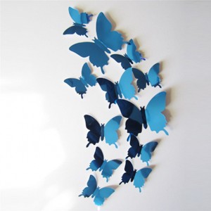(12 шт) Комплект бабочек 3D  на скотче  ,  ГОЛУБЫЕ зеркальные